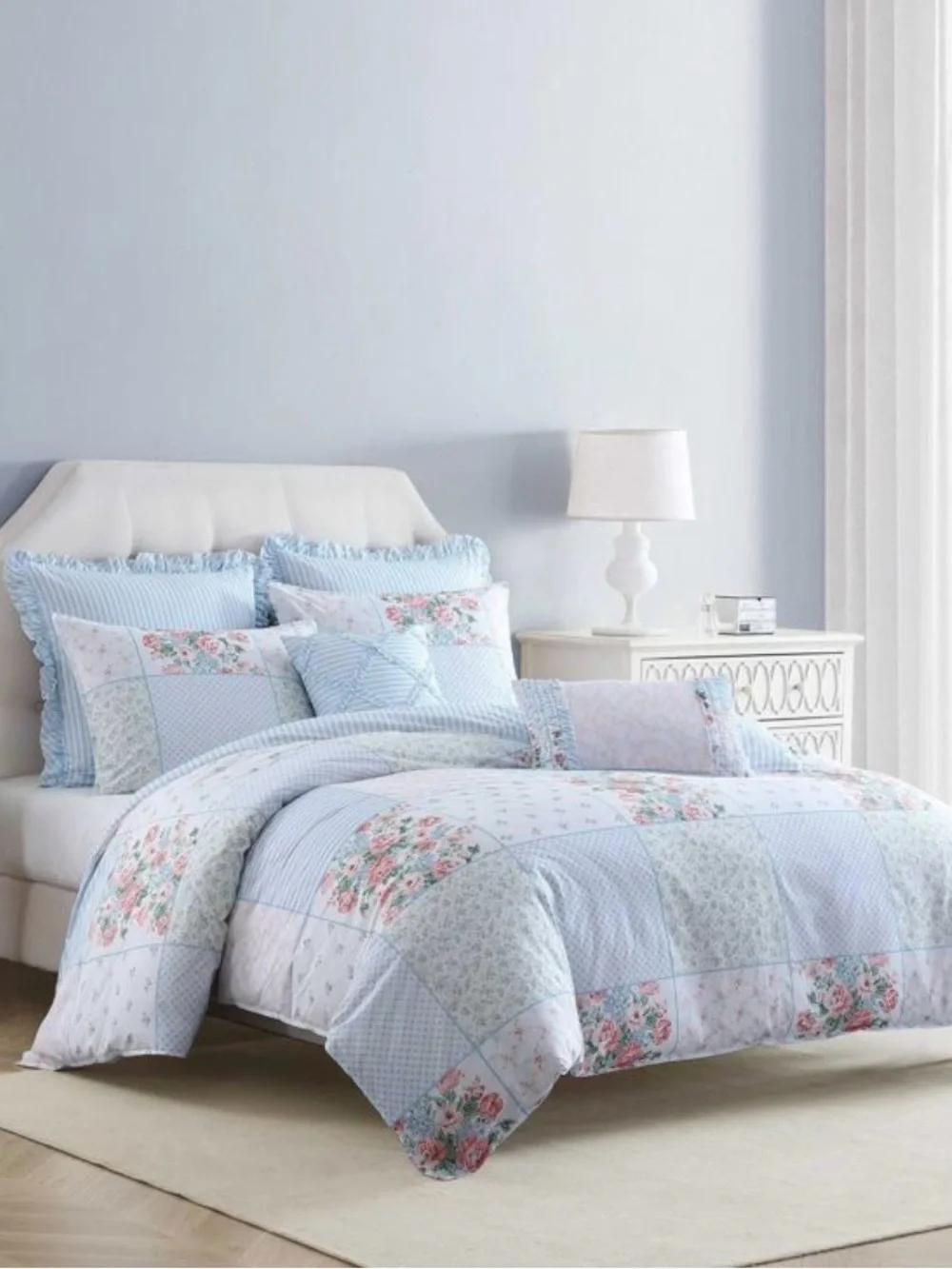 Laura Ashley Pastel Patchwork Floral Comforter - Light Blue & Pink